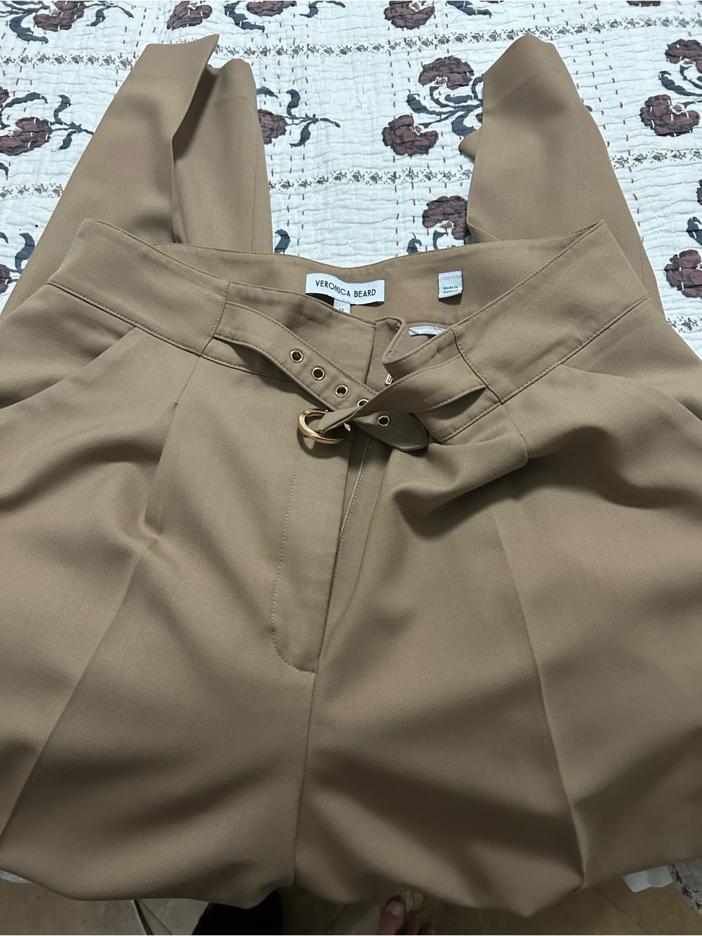 Veronica Beard Camel High-Waist Belted Trousers